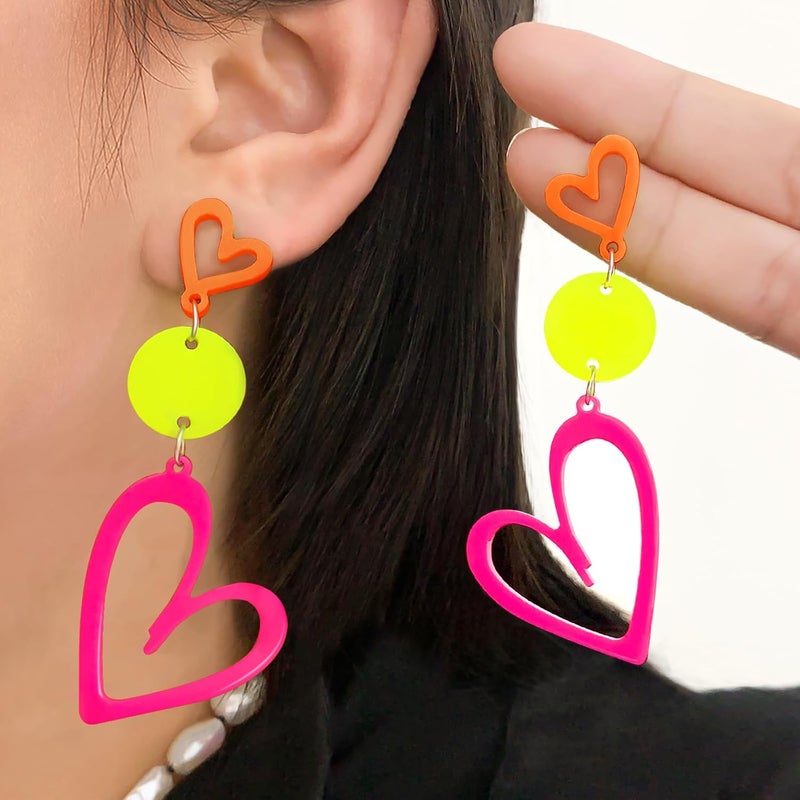 HOLYRY Neon Heart Earrings for Women Acrylic Neon Earrings 80s 90s Outfit for Women Glow Party Accessories Gifts Hot Pink Orange Green Yellow - Image 2